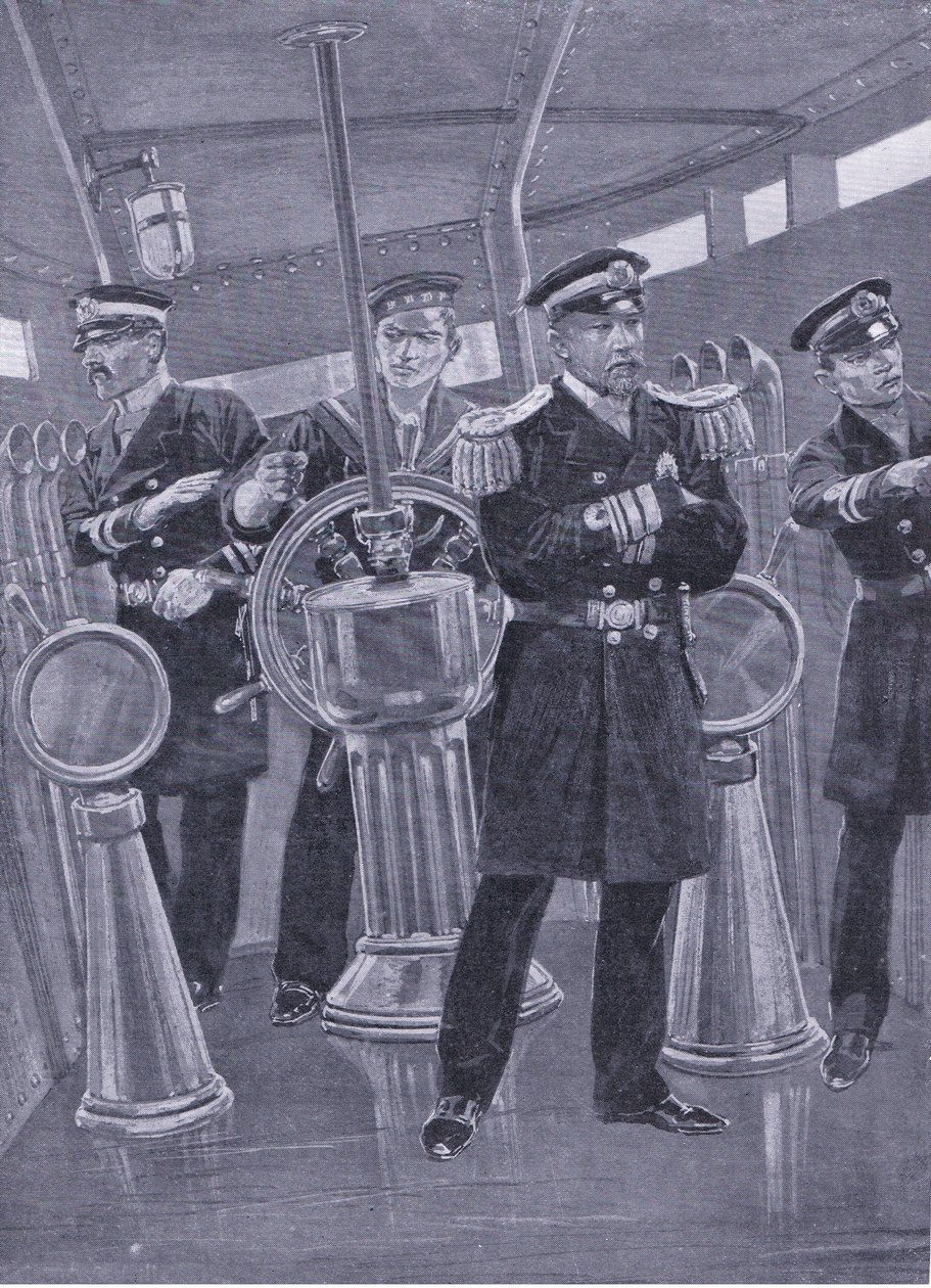 Amiral Togo i Conning Tower på sitt flaggskepp, regisserar en sjöaktion, illustration från Cassells History of the Russian-Japanese War Vol 1, c.1900 av Richard Caton Woodville