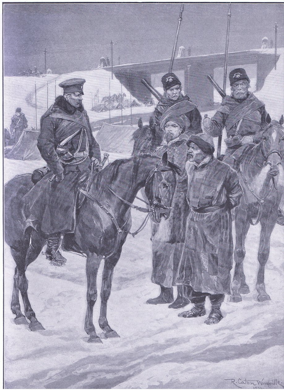 Gripande av japanska spioner upptäckta som kulier, illustration från Cassells History of the Russian-Japanese War Vol 1, c.1900 av Richard Caton Woodville