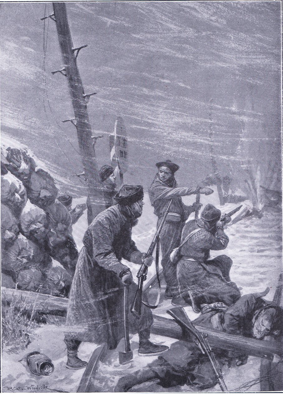 Attack on the railway av Chunchuses, illustration från Cassells History of the Russian-Japanese War Vol 1, c.1900 av Richard Caton Woodville