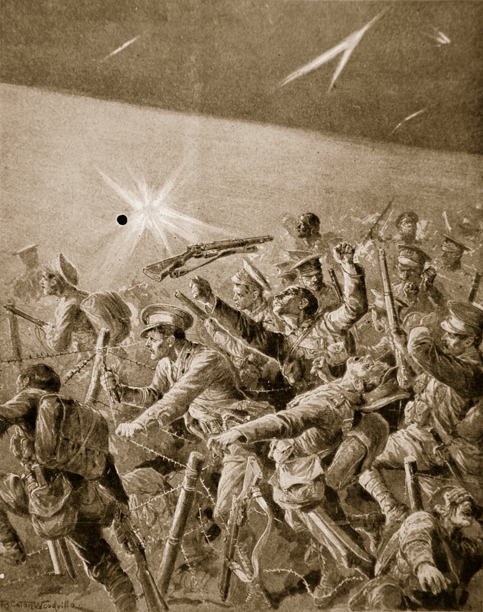 Brittiskt infanteri tvingade sig igenom tyska trådförvecklingar, 1914-19 av Richard Caton Woodville
