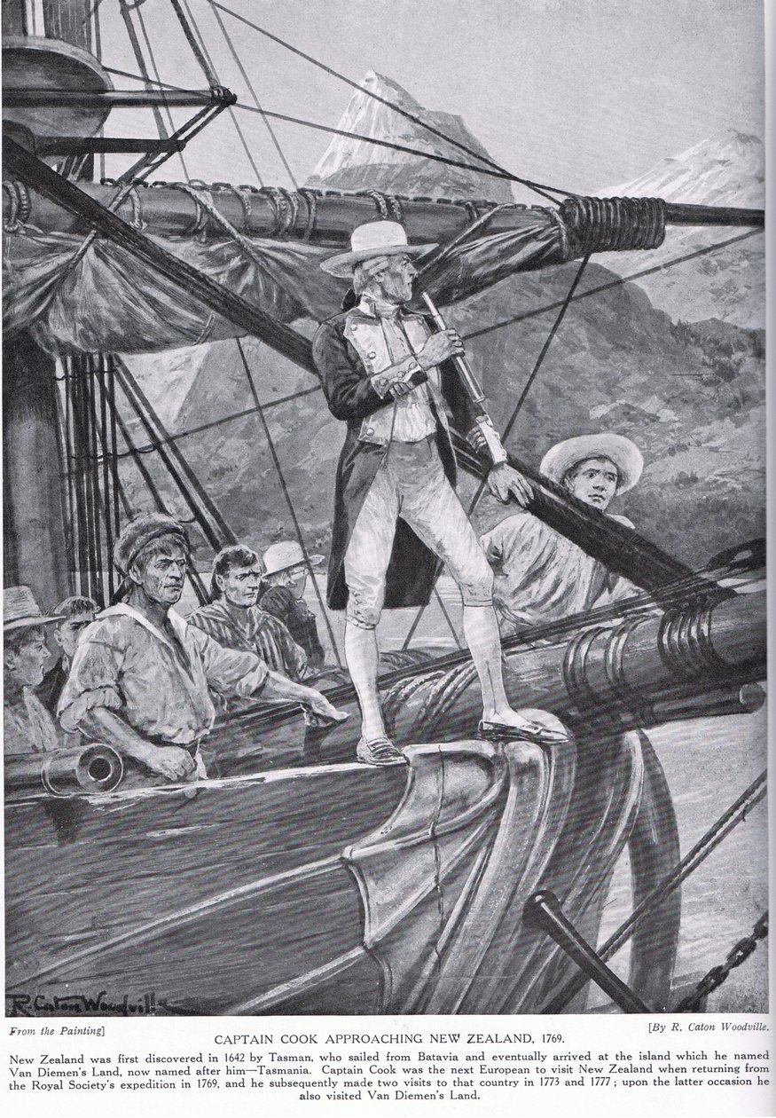 Kapten Cook närmar sig Nya Zeeland, illustration från 