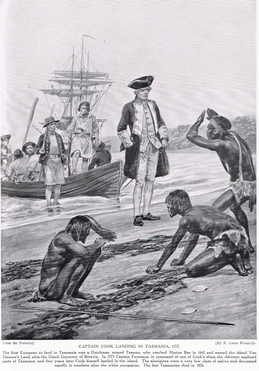Kapten Cook landar i Tasmanien, 1777, illustration från 