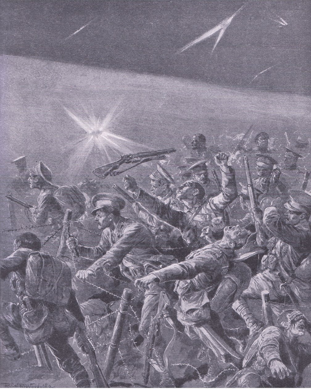 Fångad i taggtrådsförvecklingar: Nattattack av brittiskt infanteri, från History of the Great War Vol 3 publicerad av Waverley Book Co Limited, ca 1920 av Richard Caton Woodville