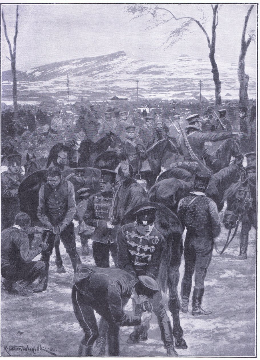 Japanskt kavalleriläger i Seoul: Hovslagare på jobbet, illustration från Cassells History of the Russian-Japanese War Vol 1, c.1900 av Richard Caton Woodville