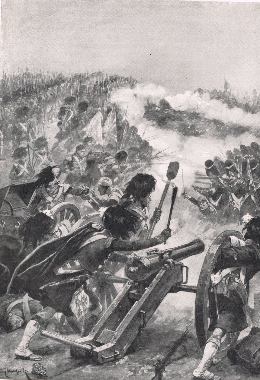 Highlanders vänder de erövrade franska kanonerna mot Brenniers bataljoner, illustration från "British Battles on Land and Sea", publicerad av Cassell, London, ca 1910. av Richard Caton Woodville