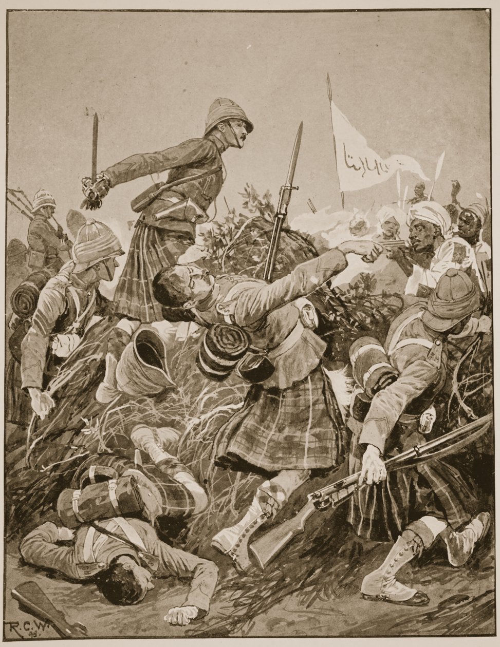Seaforth Highlanders stormar zareba vid slaget vid Atbara, illustration från "Battles of the Nineteenth Century" Vol. V: Nittiotalets kampanjer, av A. Hilliard Atteridge av Richard Caton Woodville