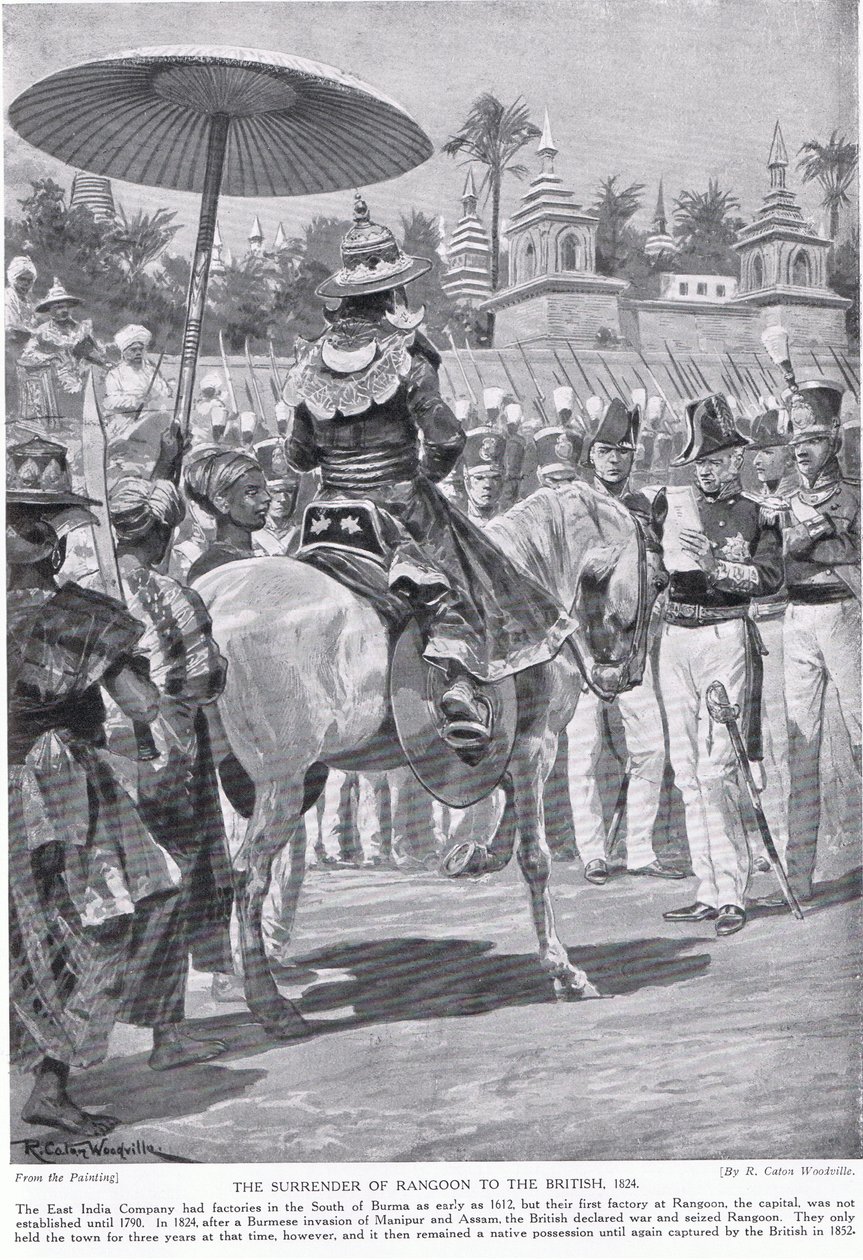 Rangoon överlämnas till britterna 1824, illustration från "Hutchinson