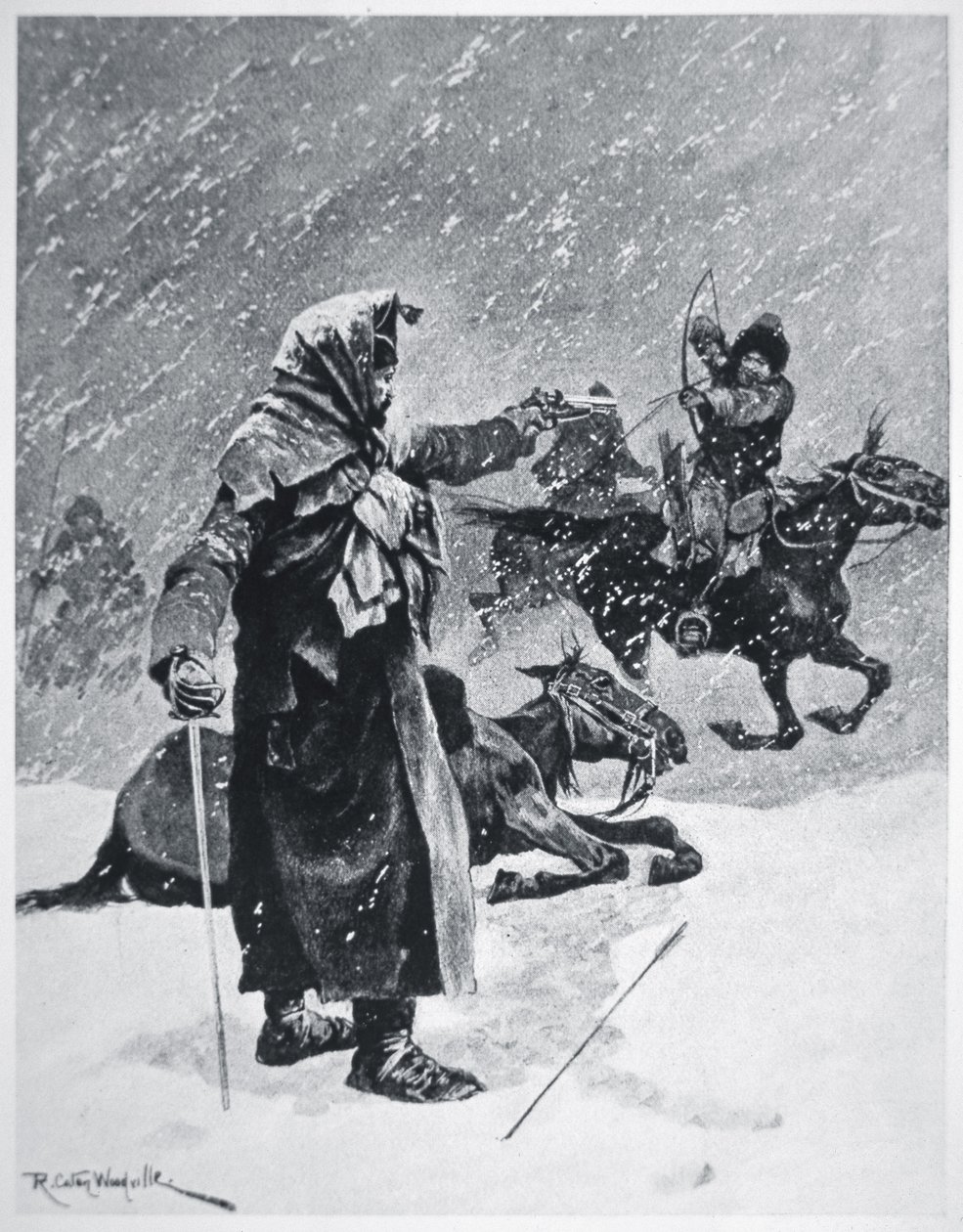 Turkisk-basjkiriska kosackbågskyttar förföljde och förföljde Napoleons armés reträtt från Ryssland 1812 (färg litho) av Richard Caton Woodville