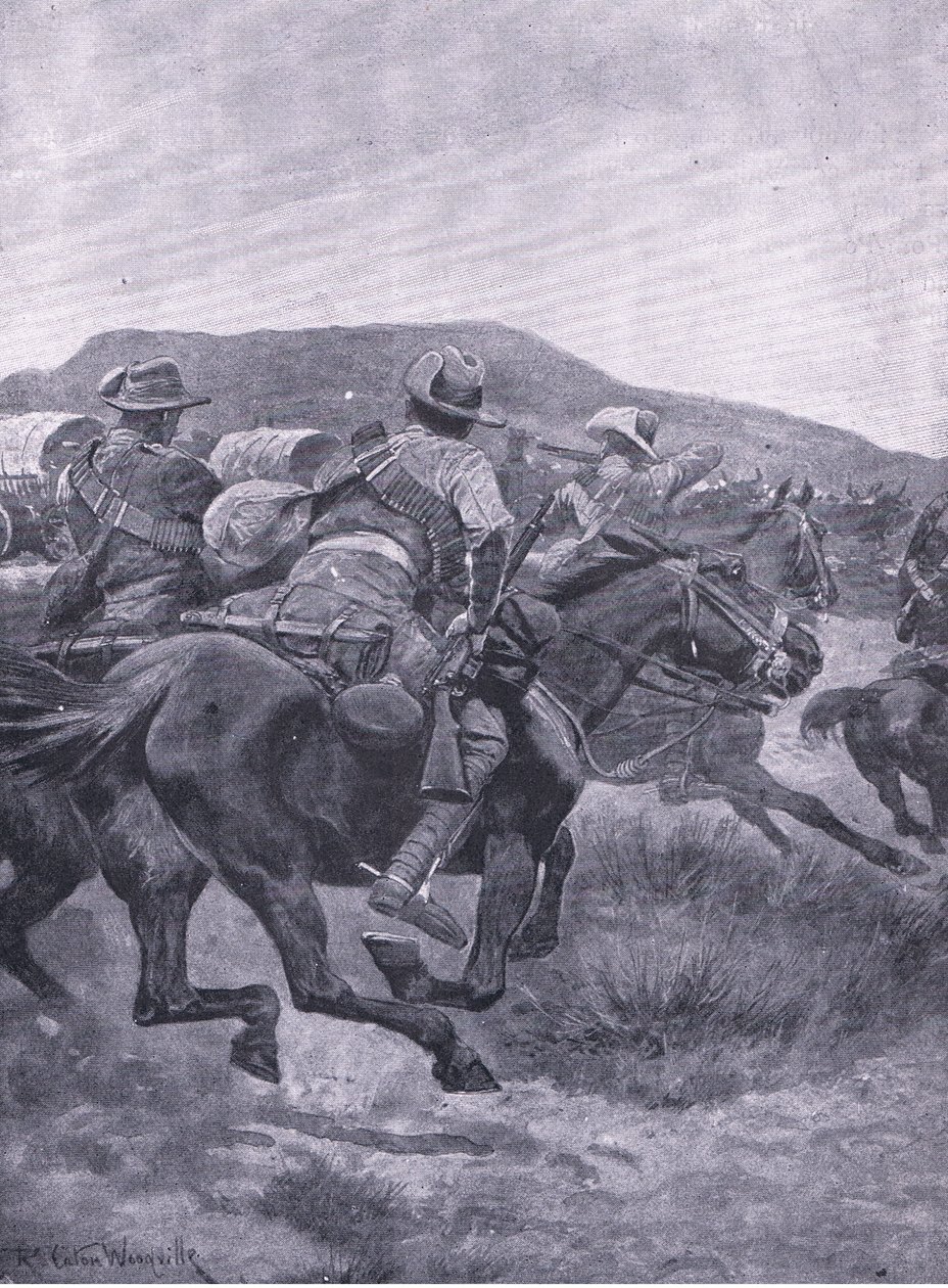 Yeomanry attackerar De Wets rearguard och transport, från After Pretoria: The Guerilla War publicerad av Harmsworth Bros Limited, 1901 av Richard Caton Woodville