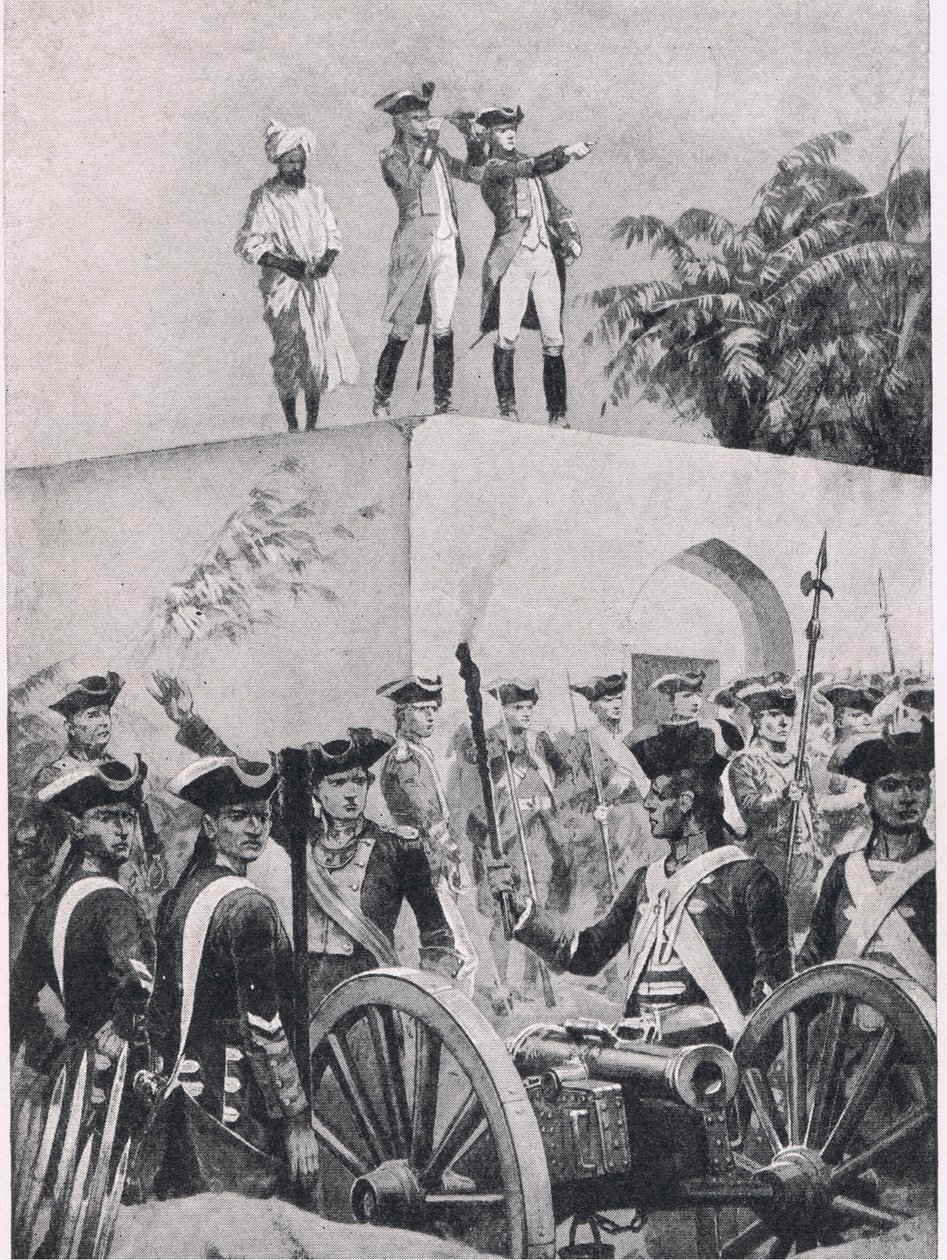 Slaget vid Plassey, 23 juni 1757: Clive på taket av Nawab Surat-ud-Daulahs jaktstuga, illustration från British Battles on Land and Sea, 1915 av Richard Caton Woodville junior