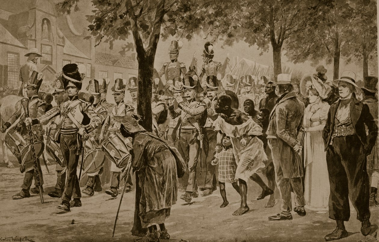 Brittiska styrkor marscherar in i Kapstaden, 1814, illustration från 