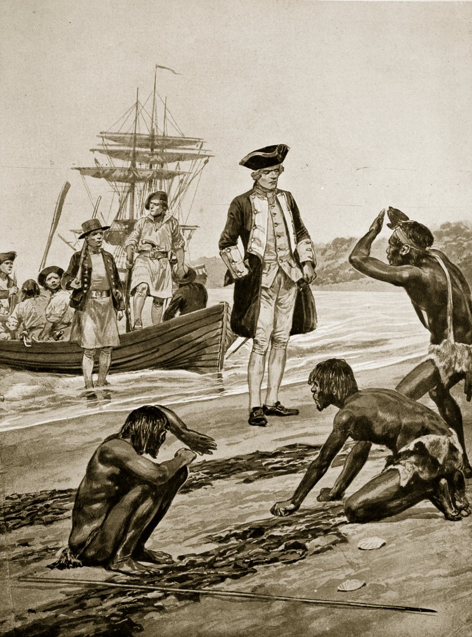 Kapten Cook landar i Tasmanien, 1777, illustration från 