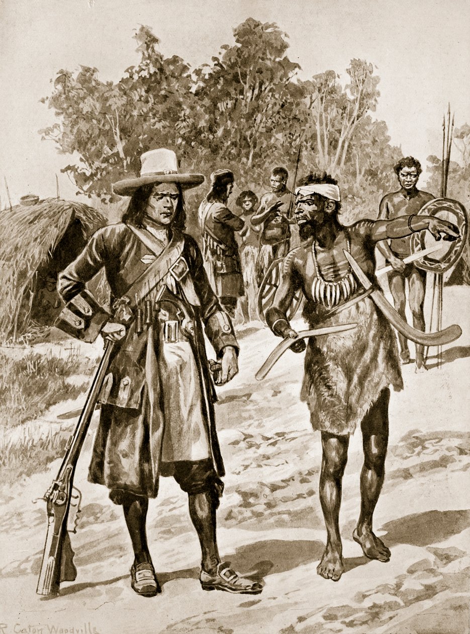 Dampier undersöker en bumerang i Australien, illustration från "Hutchinson