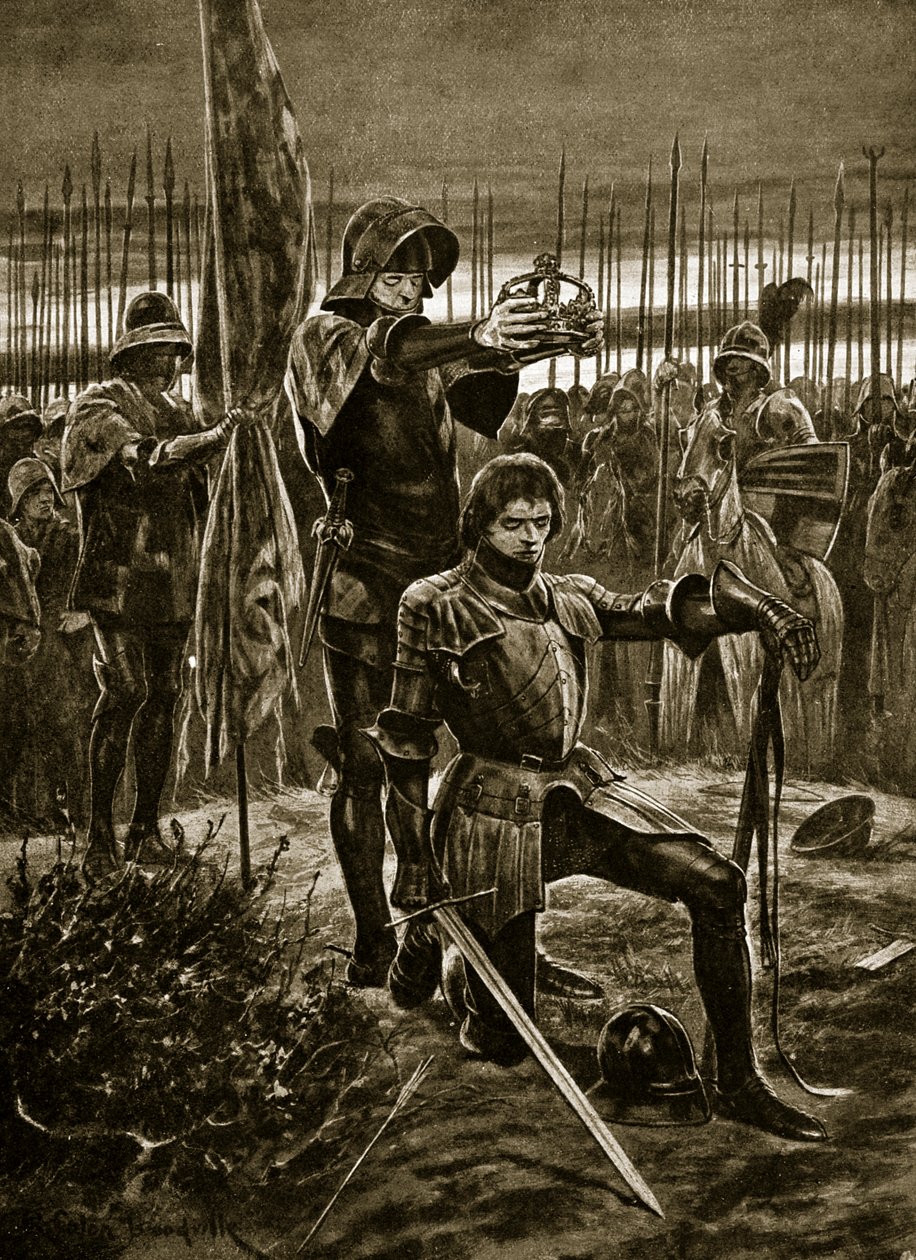 Henrik VII krönt i Bosworth, illustration från "Hutchinson