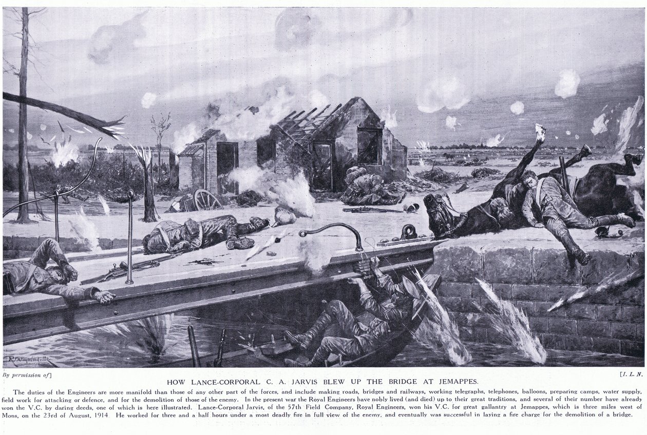 Hur vicekorpral CA Jarvis sprängde en bro vid Jemappes nära Mons och vann VC, augusti 1914 av Richard Caton Woodville junior