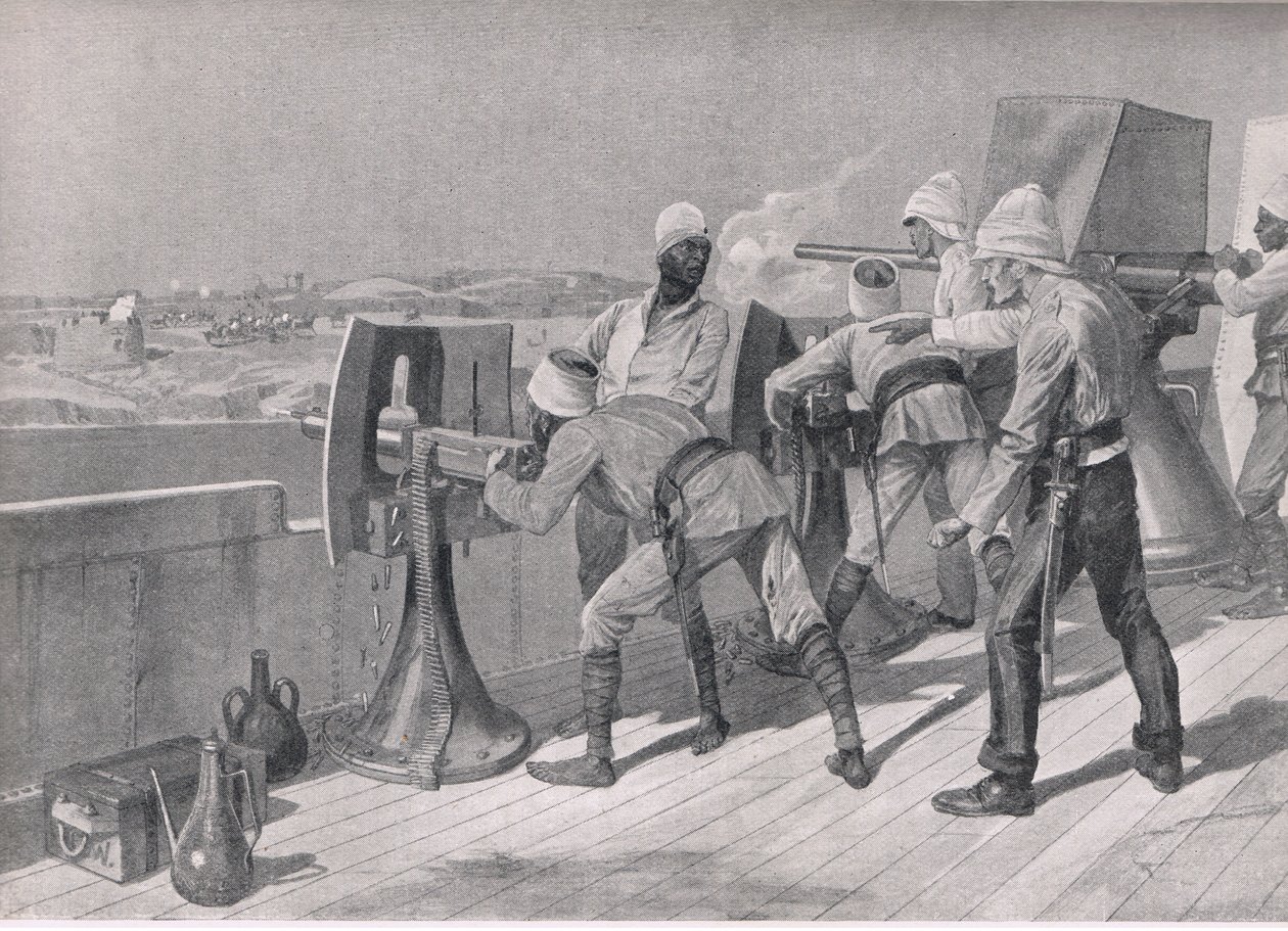 På väg uppför Nilen: Firing at the Dervishes, illustration från British Battles on Land and Sea, 1915 av Richard Caton Woodville junior