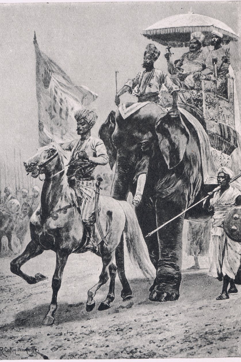 Siraj-ud-Daulah vid Plassey, 23 juni 1757, illustration från brittiska Battles on Land and Sea, 1915 av Richard Caton Woodville junior