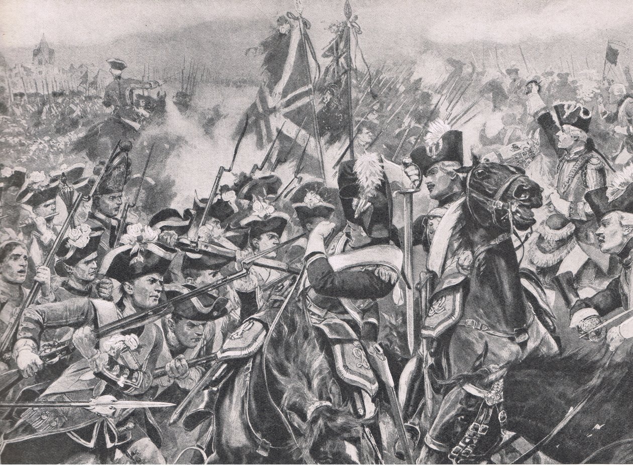 Slaget vid Minden, 1 augusti 1759, illustration från brittiska Battles on Land and Sea, 1915 av Richard Caton Woodville junior