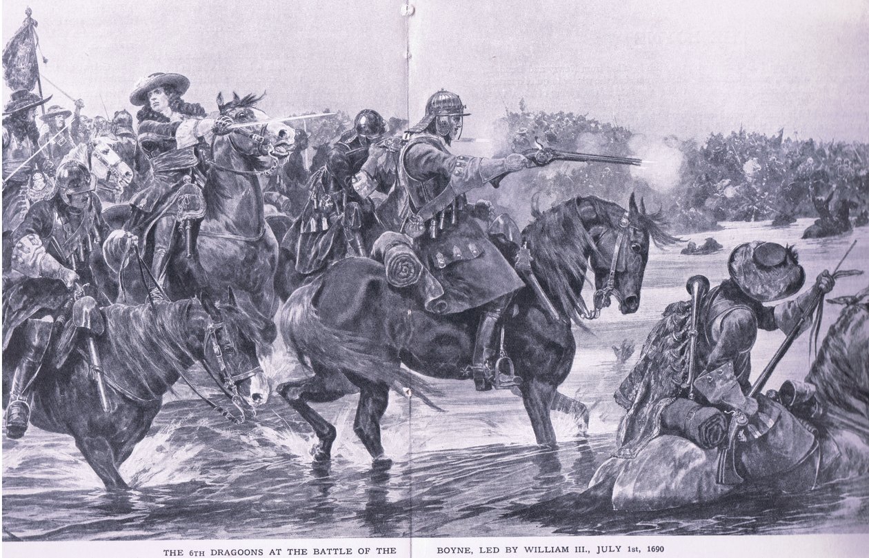 Slaget vid Boyne 1 juli 1690, illustration från brittiska striderna på land och hav, 1915 av Richard Caton Woodville junior