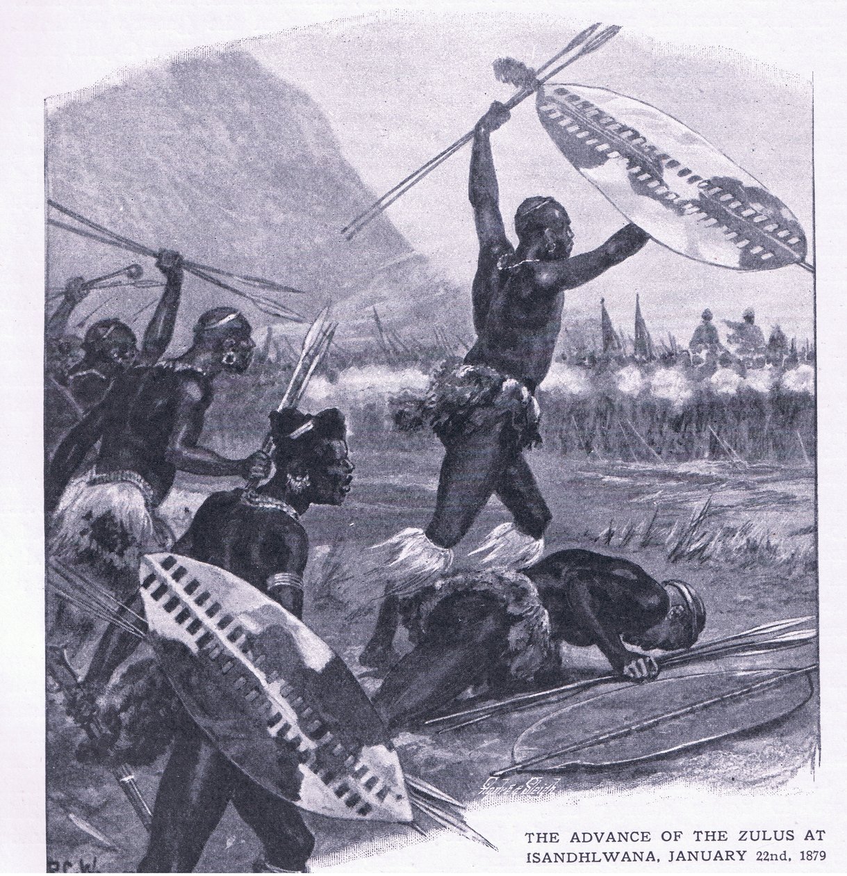 Zuluernas frammarsch vid Isandhlwana 22 januari 1879, illustration från brittiska striderna på land och hav, 1915 av Richard Caton Woodville junior