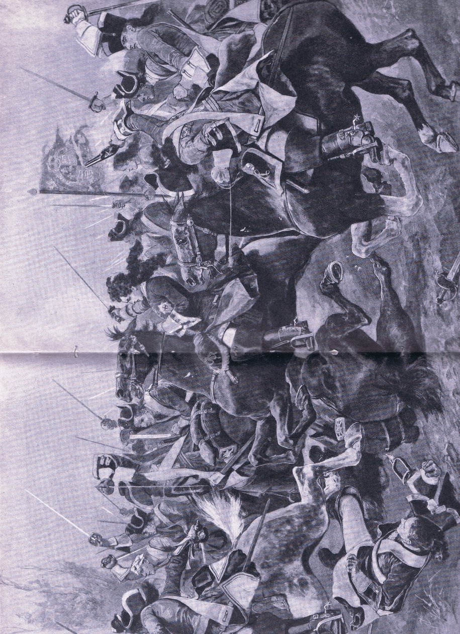 Kavallerikonflikten vid slaget vid Ramilles, 3 maj 1706, illustration från brittiska striderna på land och hav, 1915 av Richard Caton Woodville junior