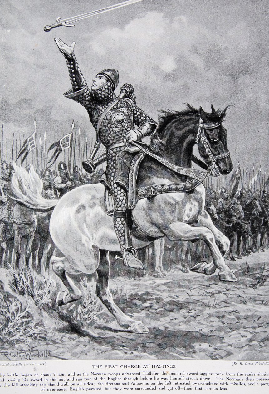 Den första attacken vid Hastings: Taillefer, minstrel svärd-jonglörn red från leden och sjöng och kastade sitt svärd i luften, 1066, illustration från 