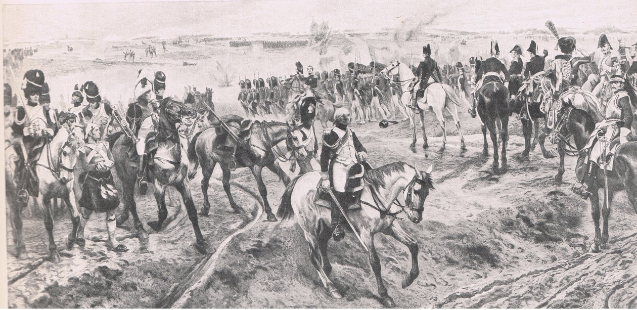 Waterloo 18 juni 1815: The Old Guard, illustration från brittiska Battles on Land and Sea, 1915 av Richard Caton Woodville junior