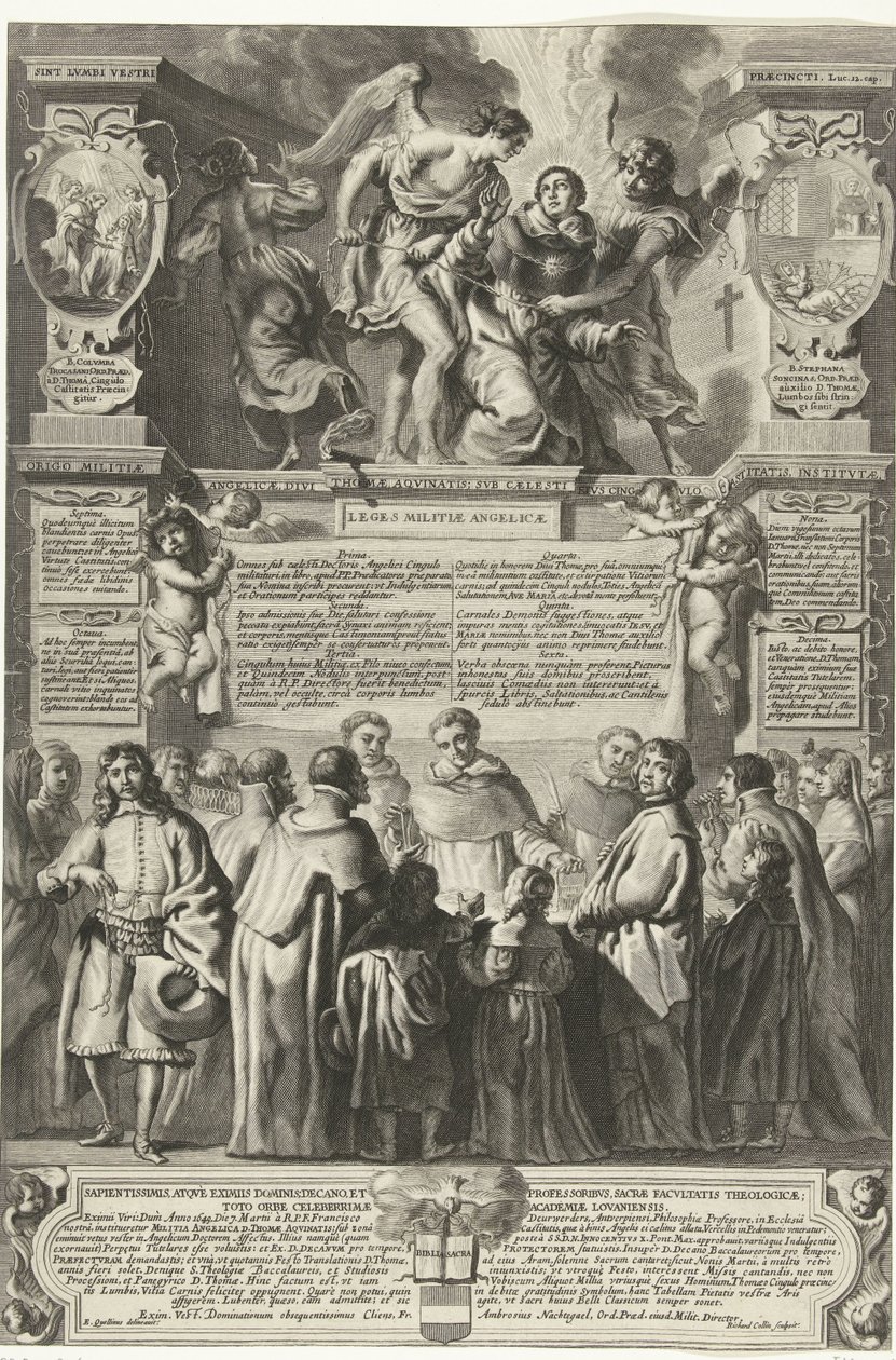 Instelling van de broederschap Militia Angelica av Thomas av Aquino, 1649 Ursprunget till den änglaliga milisen, den gudomlige Thomas av Aquino; under hans himmelska kyskhetsbälte, instiftad (titel på objekt) av Richard Collin