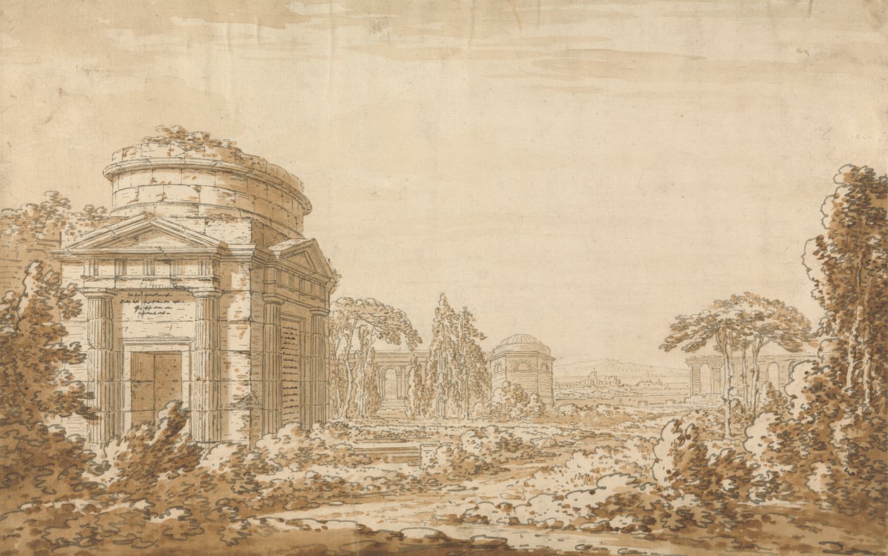 Klassiskt italienskt landskap med tempel och en ruinerad akvedukt av Richard Cooper the Younger