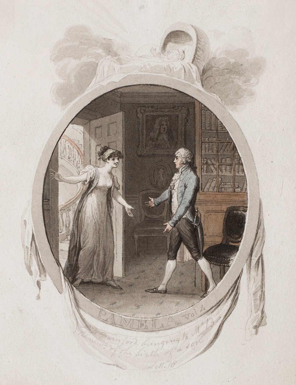 Miss Darnford förmedlar till Mr B nyheten om födelsen av en son, Lett. 18, illustration till en 1802 års upplaga av 