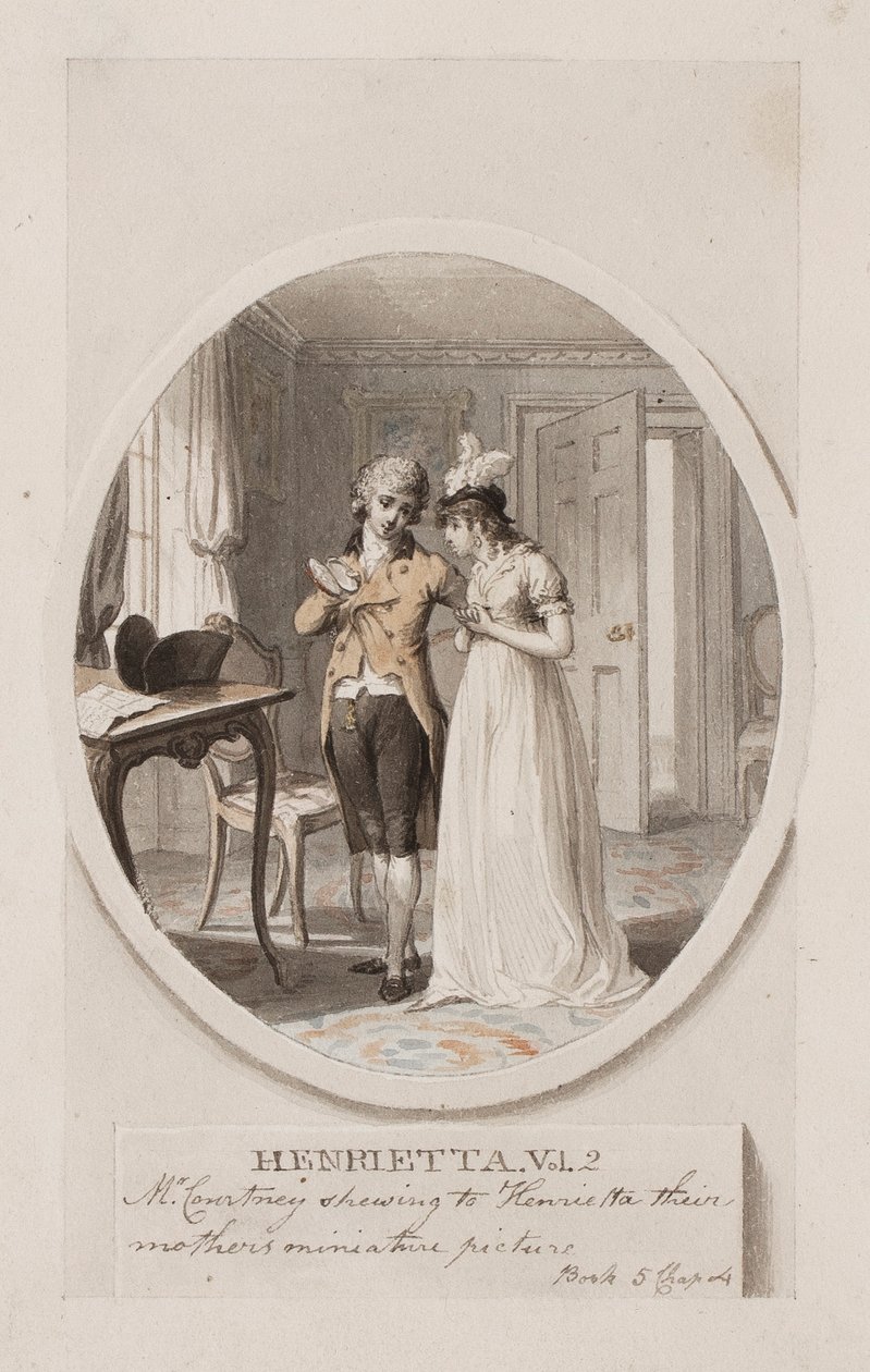 Mr Courtney visar Henrietta sin mors miniatyrbild, bok 5 kapitel 4, illustration till en 1798 års upplaga av "Henrietta" av Charlotte Lennox, ca 1798 (penna och wc på papper) av Richard Corbould
