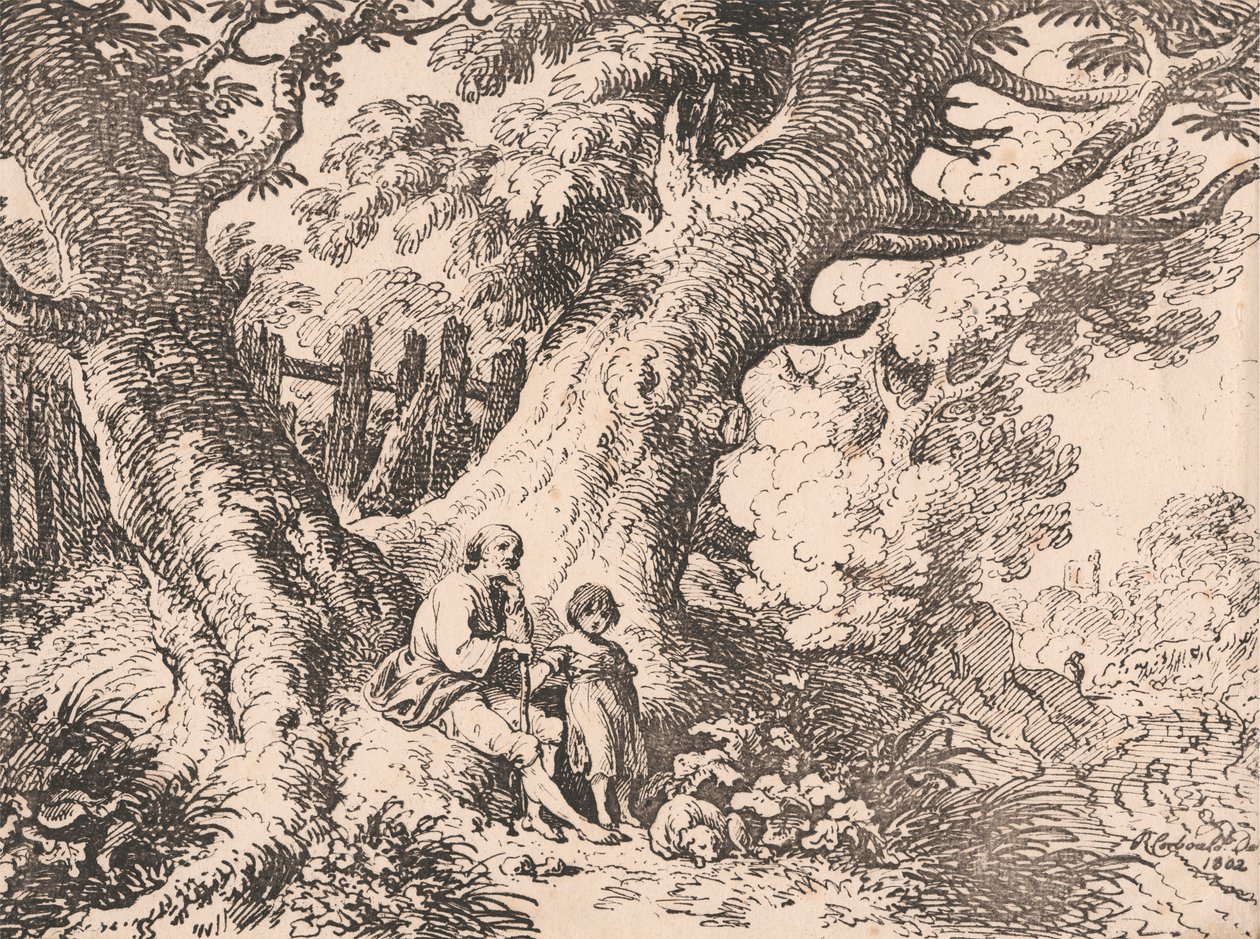 Gamla träd med gammal man, barn och hund av Richard Corbould