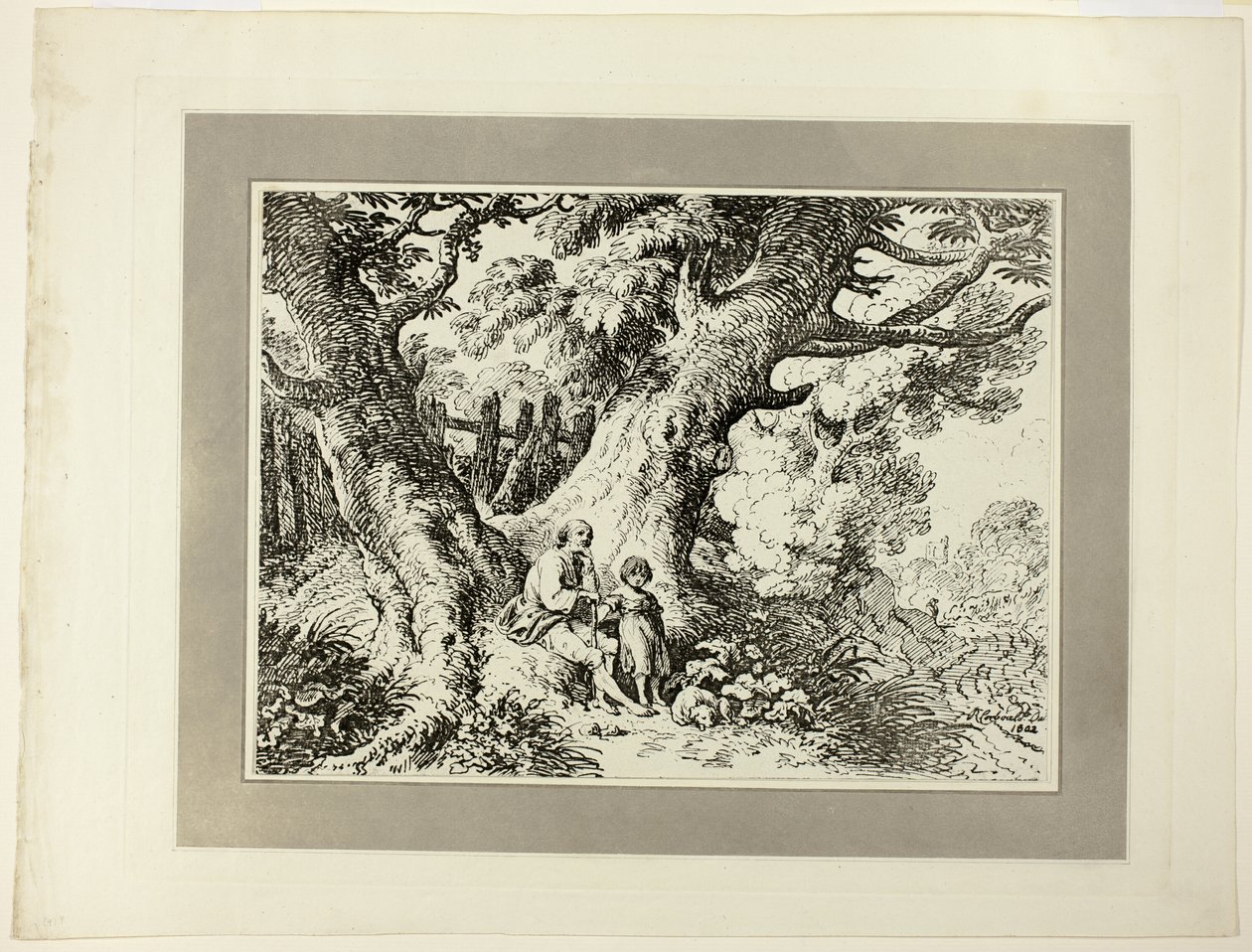 Gamla träd med gammal man, en flicka och en hund, från första numret av Specimens of Polyautography av Richard Corbould