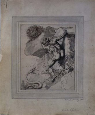A Man Trapped Between a Lion and a Serpent, c.1790 (penna & brunt bläck, grå tvätt på papper) av Richard Cosway