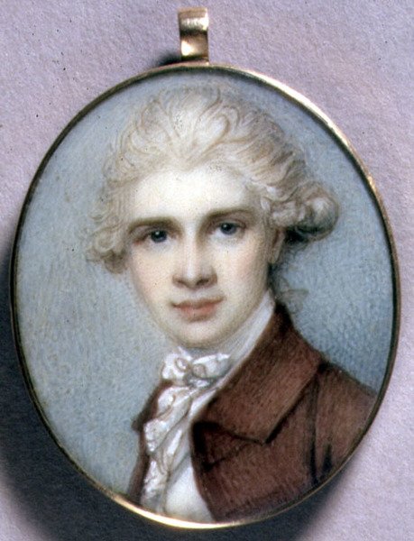 Porträtt miniatyr av en ung man i en brun rock av Richard Cosway