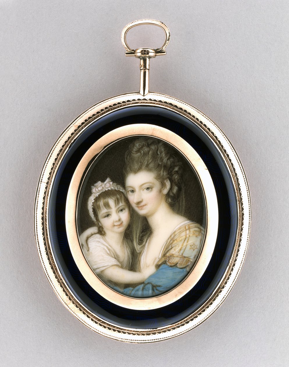 Porträtt av en mor och dotter, ca 1765-70 (akvarell på elfenben, 9 k roséguld, hår och glas) av Richard Cosway