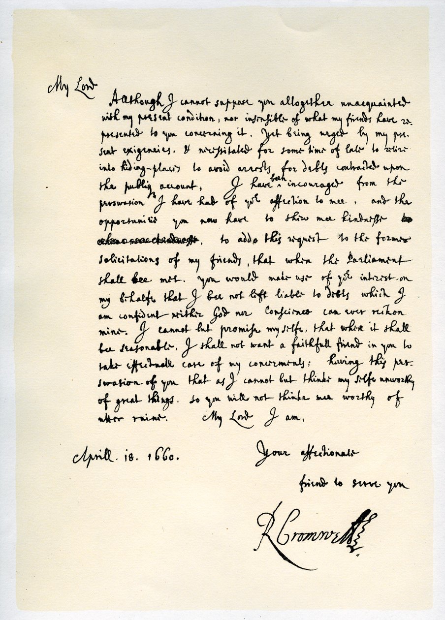 Brev från Richard Cromwell, Lord Protector, till general George Monck, 18 april 1660. av Richard Cromwell