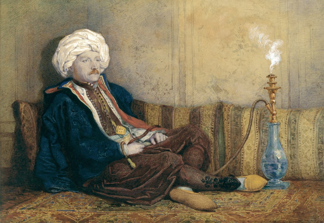 Porträtt av Sir Thomas Philips i östlig kostym, liggande med vattenpipa (wc förhöjd med vitt på papper) av Richard Dadd