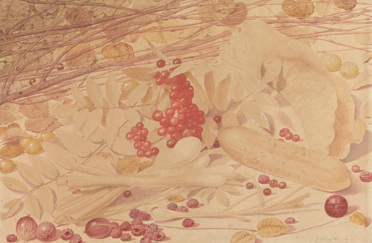 Stilleben med krusbär, hallon, röda vinbär, vårlök, en gurka och lövverk av Richard Dadd