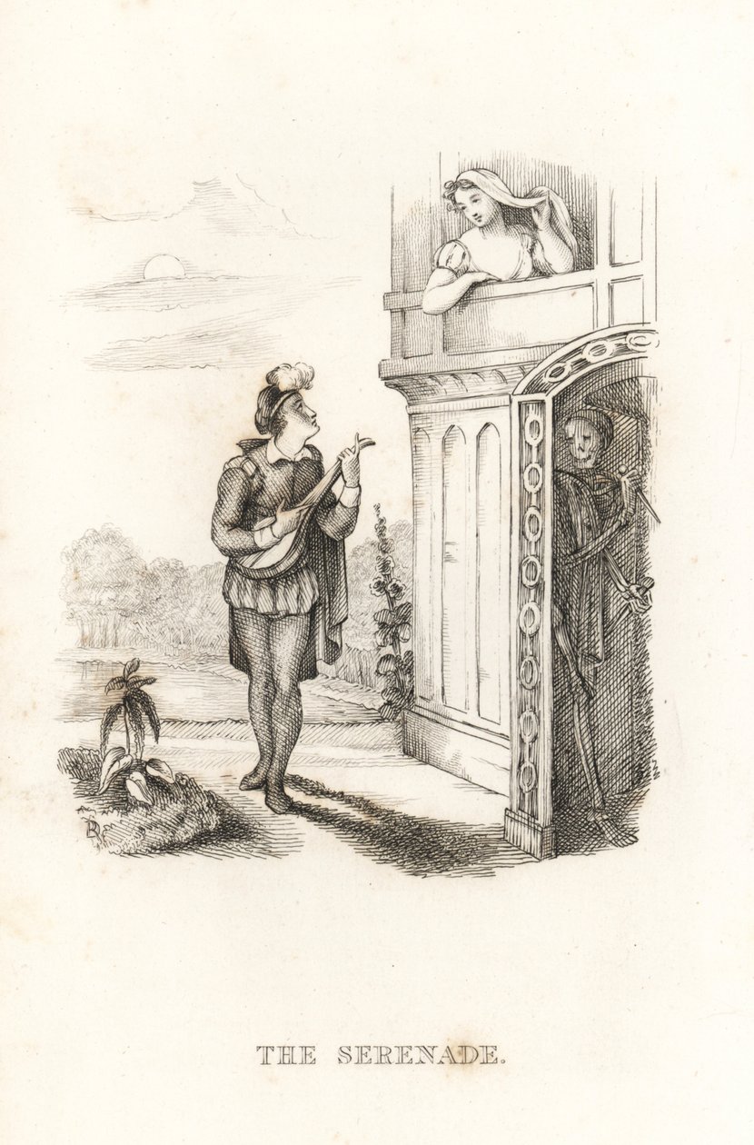 Dödens skelett och en minstrel. ,1827 (gravyr) av Richard Dagley