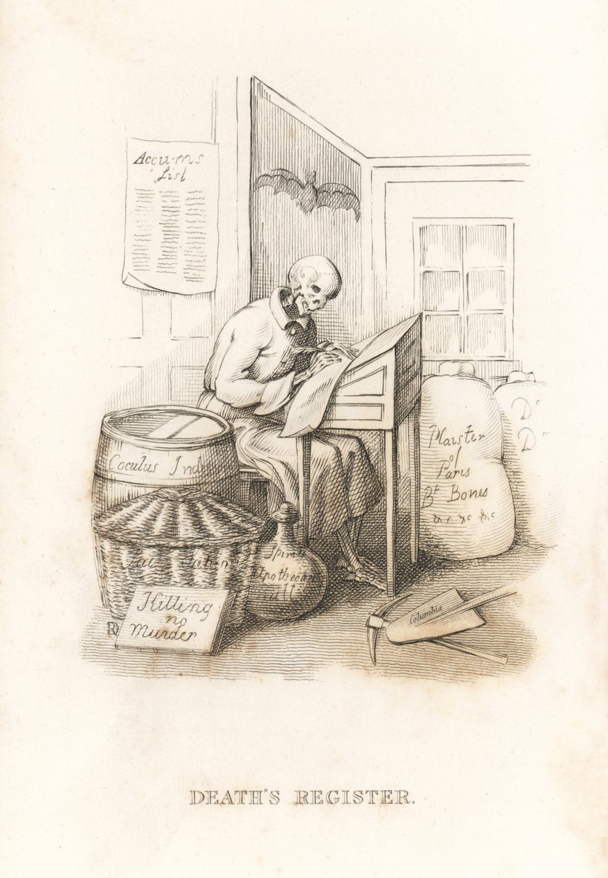 Dödens skelett och hans huvudbok. ,1827 (gravyr) av Richard Dagley