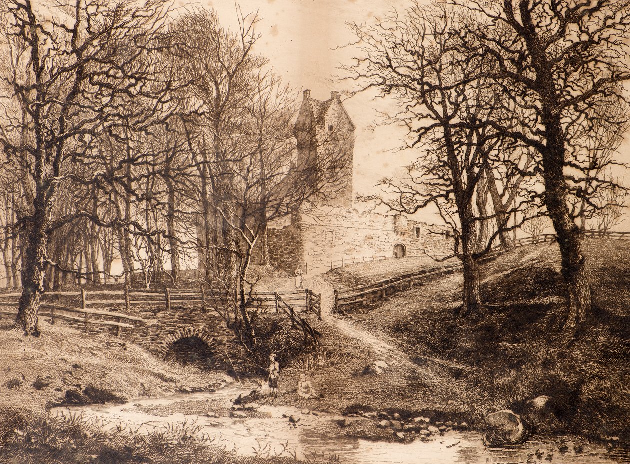 Mains Castle (etsning) av Richard Davidson Winter