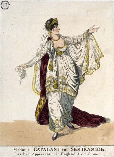 Madame Catalani i "Semiramide", hennes första framträdande i England, 13 december 1806 (färgad etsning) av Richard Dighton