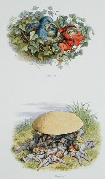 Climbing, and Reposing, illustrationer från "In Fairyland: A Series of Pictures from the Elf-World" av William Allingham och Andrew Lang (lito i färg) av Richard Doyle