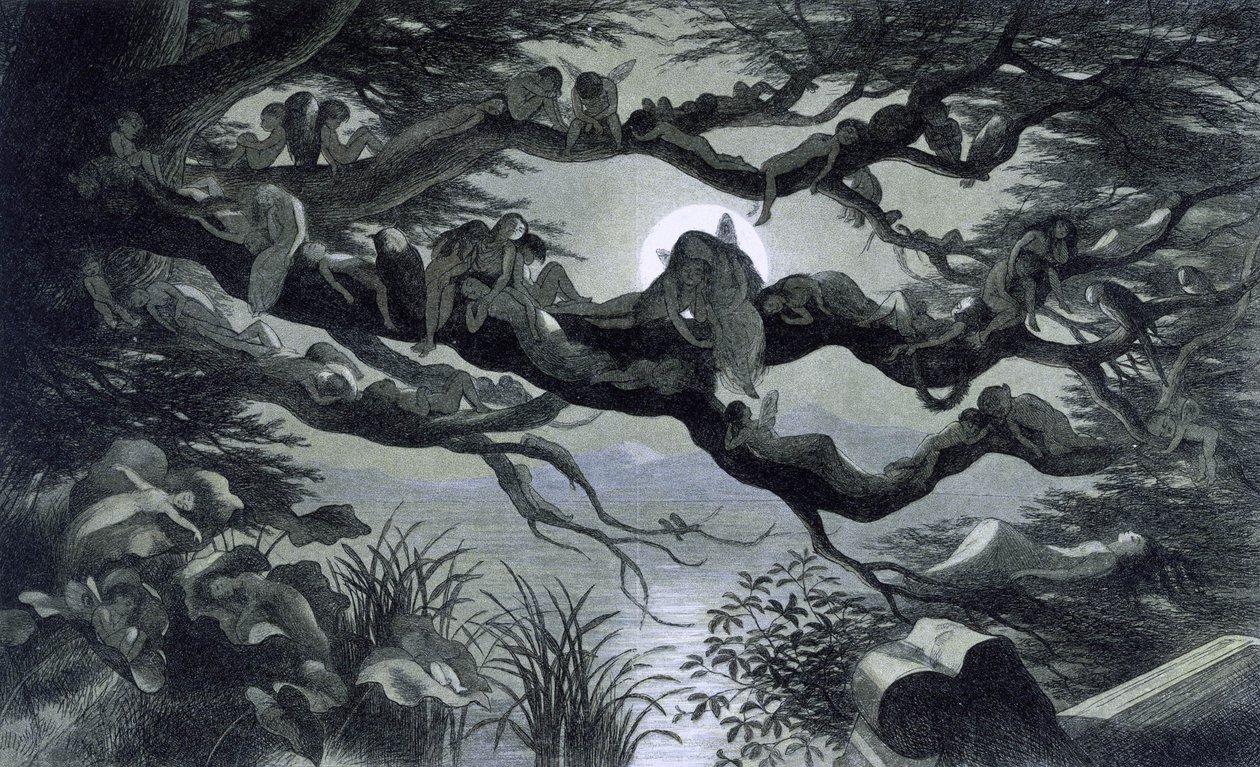 Feer, nymfer och tomtar som vilar i månskenet på en gren? Illustration av ""In Fairyland. En serie bilder från elf - världen"" av Richard Doyle 1869-1870 The British Library Institution Referens: Hyllmärke ID: 1876 e18 