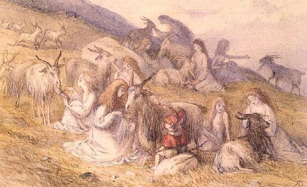 Flickor som kammar skägg av getter (akvarell & penna och brunt bläck) av Richard Doyle