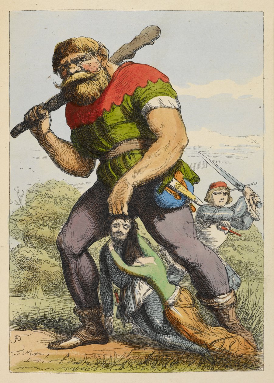 Jack närmar sig en jätte bakifrån. Jätten drar en riddare av det runda bordet i håret. En dam håller om riddaren. Färgillustration i en barnbok. av Richard Doyle