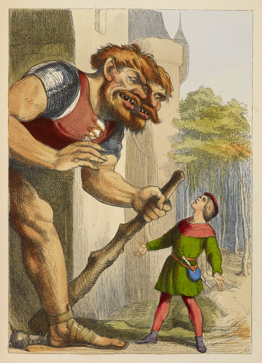 Jack tittar upp på en jätte som har två huvuden. Jätten är walesisk. Färgillustration i en barnbok. av Richard Doyle