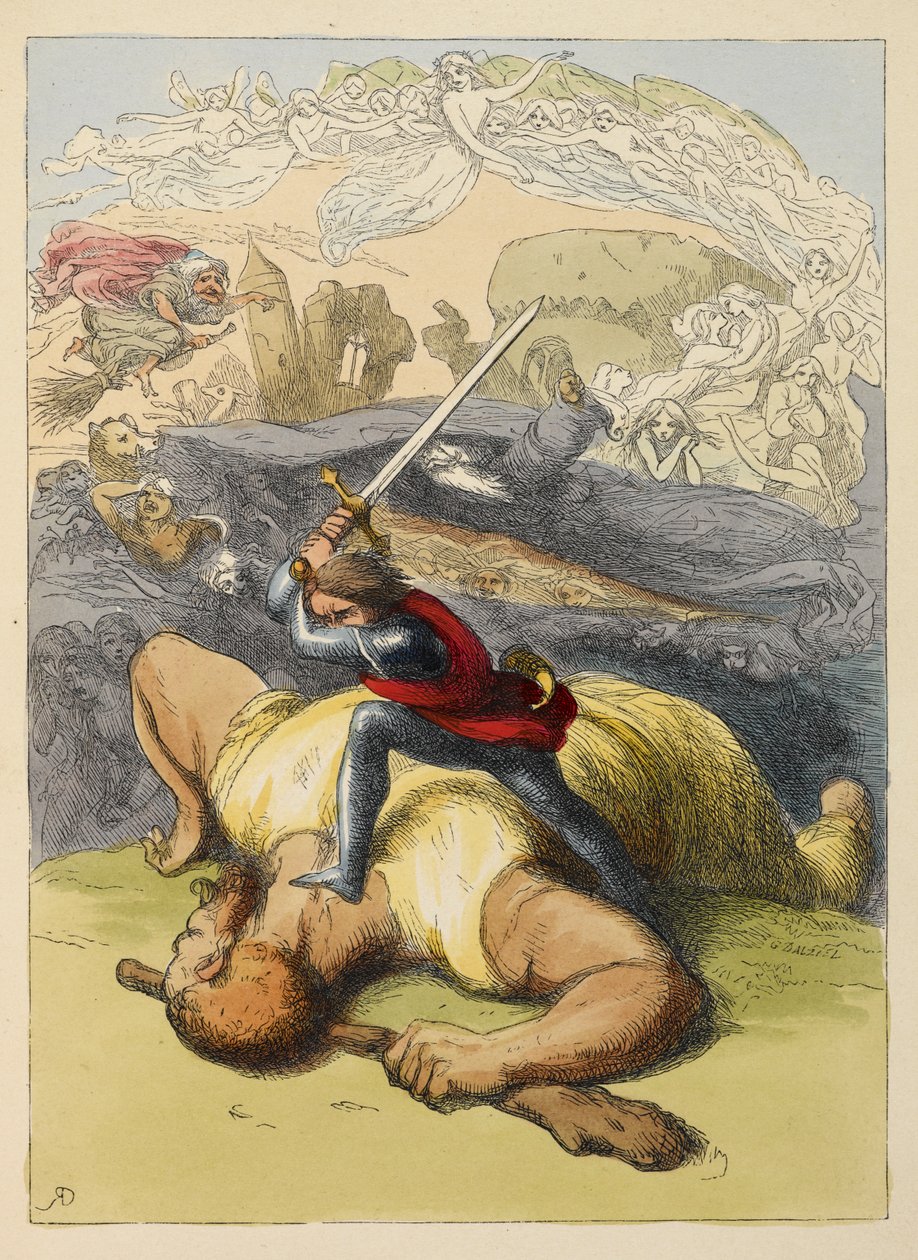 Jack står på kroppen av en jätte, med sitt svärd upphöjt. Färgillustration i en barnbok. av Richard Doyle