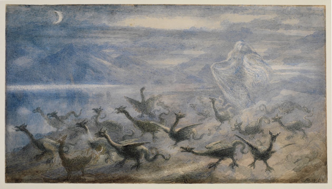 Månbelyst landskap, med en häxa och unga drakar, 1876 av Richard Doyle